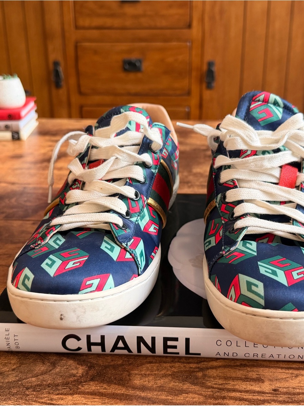 Gucci Navy Sneakers with Red & Teal Geometric Print